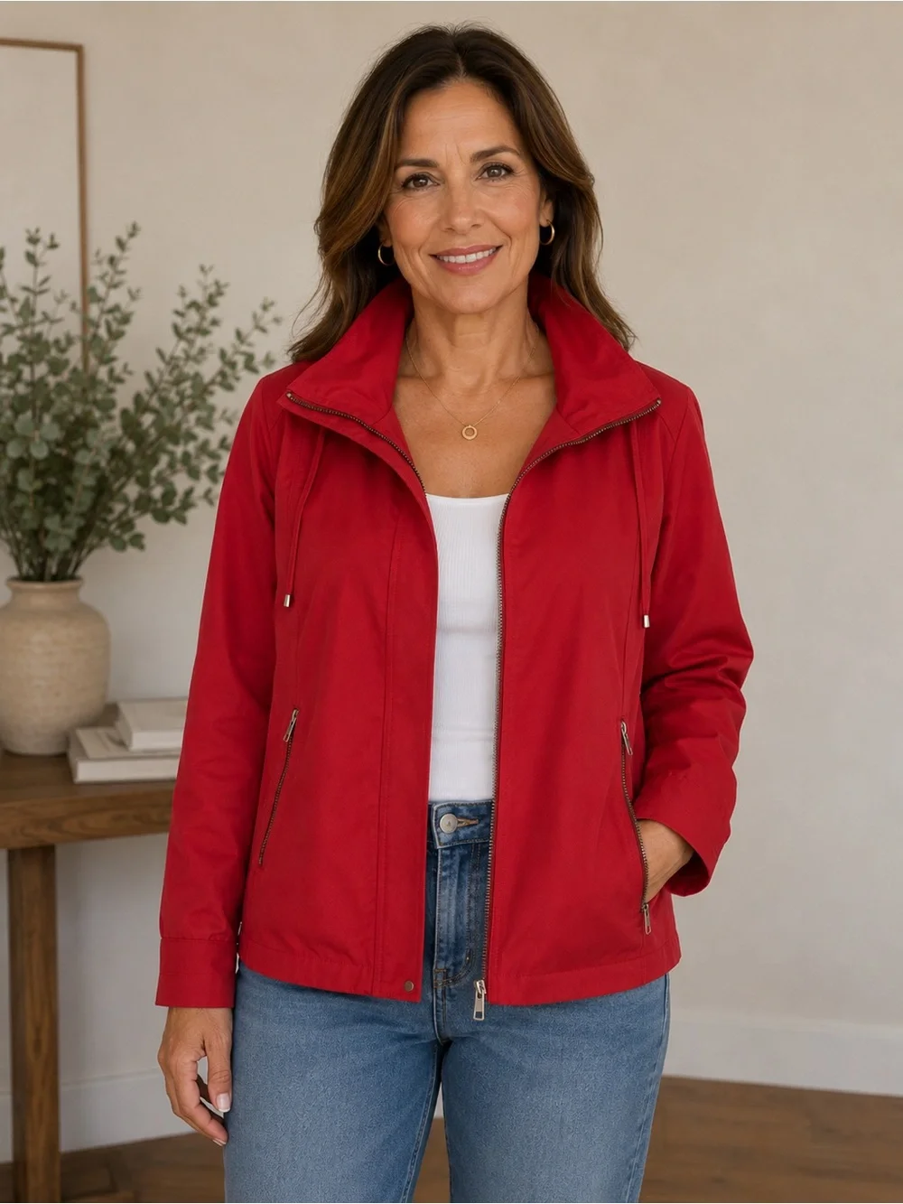 Chico’s Red Zip Front Jacket Size 1 (M) High Collar Lined Utility Style